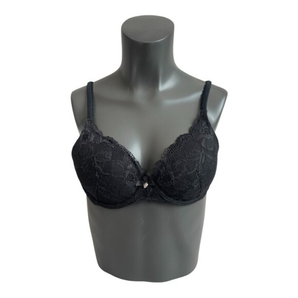 Victoria's Secret Black Sheer Floral Lace Bra 34B Padded Demi Very Sexy EXC